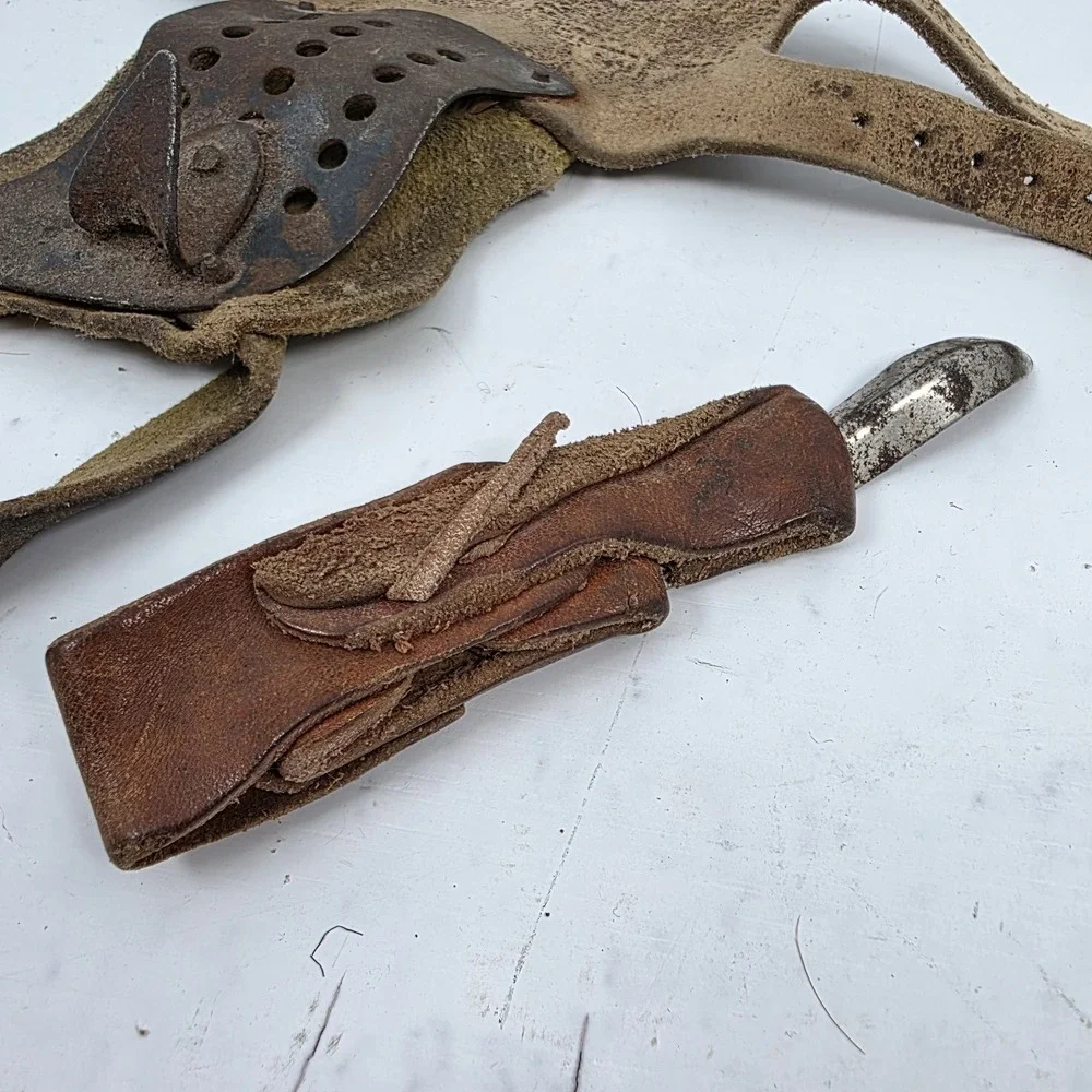 Antique Primitive Set of 2‎ Corn Husker Shucker Hand Farm Tool Metal Leather